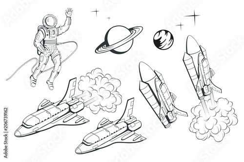 Set of illustrations on a space theme. Space shuttle. Hand drawn spaceship. Space travel through the Galaxy. Vector graphics to design.