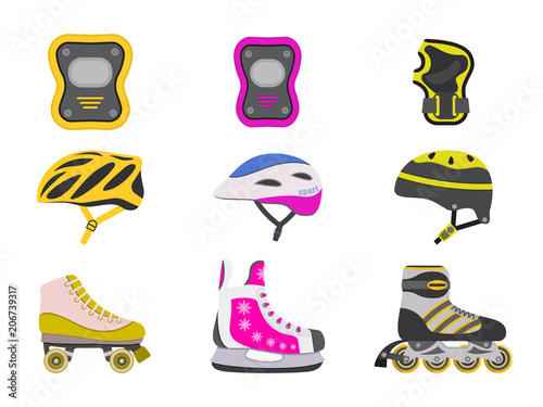 Vector illustrations. Protective gear, helmets and roller skates.