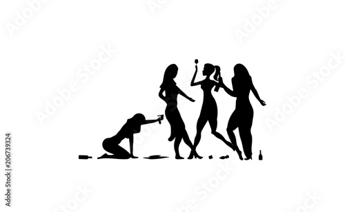 Four Girl, woman, lady drinking. Drunk people, drunk party event, vector silhouettes icon, sign, illustration on white background