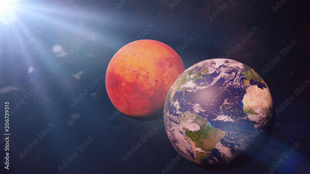 Fototapeta premium Earth, Mars and the Sun, neighbour planets in outer space