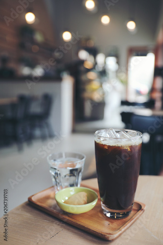 Iced black coffee on coffee shop