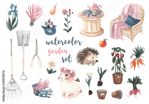 Watercolor garden set. Garden tools, flowers, vegetables, table and chair, hedgehog, rabbit, flower pots, gloves. Watercolor illustration on white isolated background