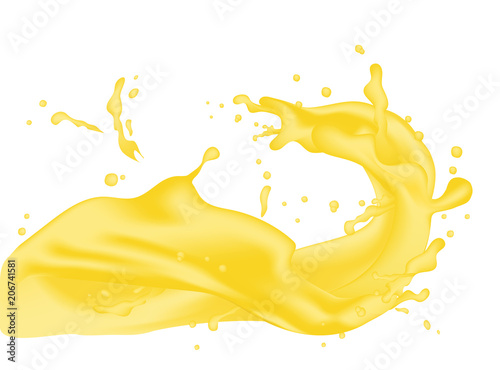 3d realistic twisted pineapple juice milk splash with drops. Isolated ananas yogurt caramel cream surfing wave on white background. Product package design.