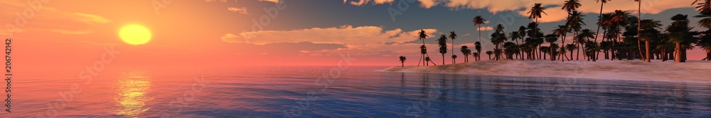 sunset on a tropical beach with palm trees, sunrise on an ocean shore, panorama,
3D rendering
