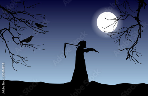 Vector silhouette of death in a hood holding a scythe over shoulder with dead tree branches and crows in front of glowing moon.