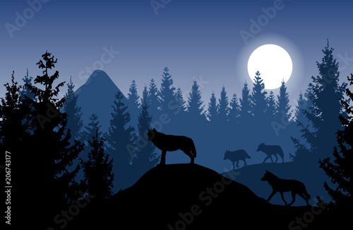 Blue vector landscape with a pack of wolves in dense forest with glowing moon.