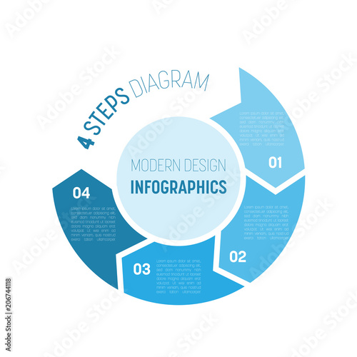 4 step process modern infographic diagram. Graph template of four arrows in the circle. Business concept of 4 steps or options. Modern design vector element in shades of blue with labels.