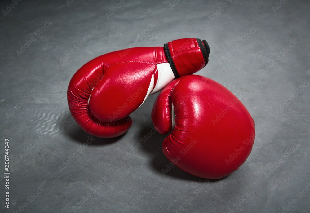 Red boxing gloves, closeup, nobody