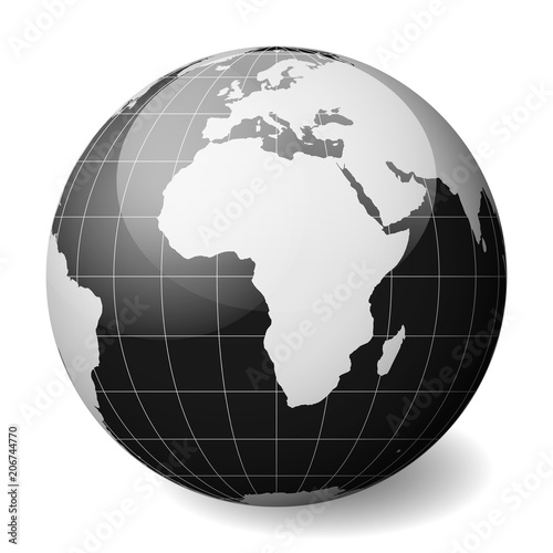 Black Earth globe focused on Africa. With thin white meridians and parallels. 3D glossy sphere vector illustration.