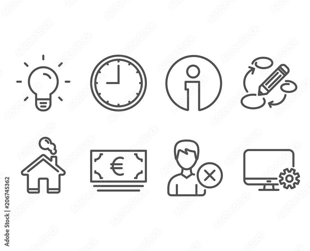 Set of Light bulb, Euro currency and Remove account icons. Keywords, Time and Monitor settings signs. Lamp energy, Eur banking, Delete user. Marketing strategy, Office clock, Service cogwheel. Vector Set of Light bulb, Euro currency and Remove account icons. Keywords, Time and Monitor settings signs. Lamp energy, Eur banking, Delete user. Marketing strategy, Office clock, Service cogwheel. Vector