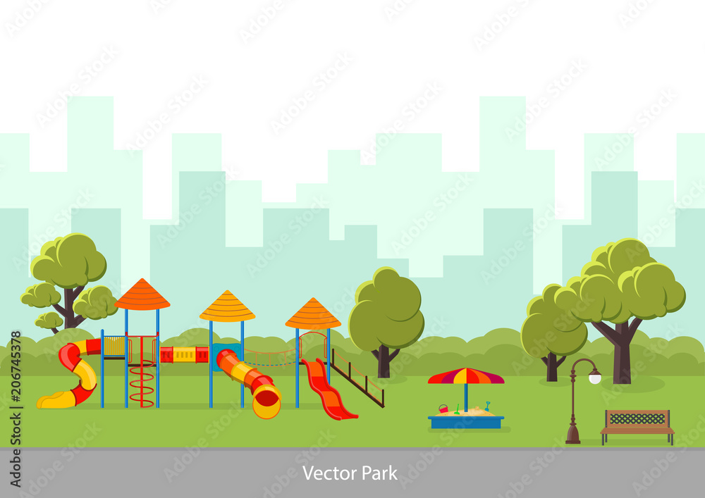Vector illustration. Playground with slide and sandbox. Vector illustration. Playground with slide and sandbox.