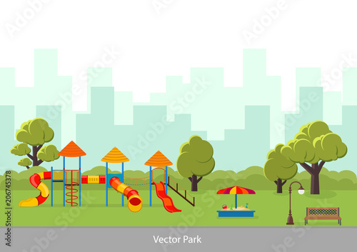 Vector illustration. Playground with slide and sandbox.