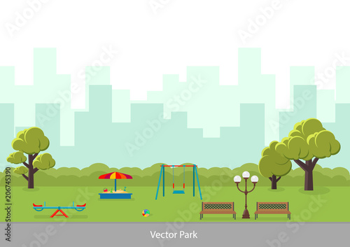 Vector illustration.Children's playground with swings and benches.