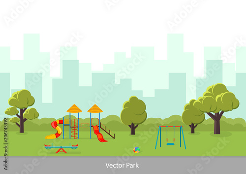 Vector illustration. Landscape of the playground with a slide and a swing.