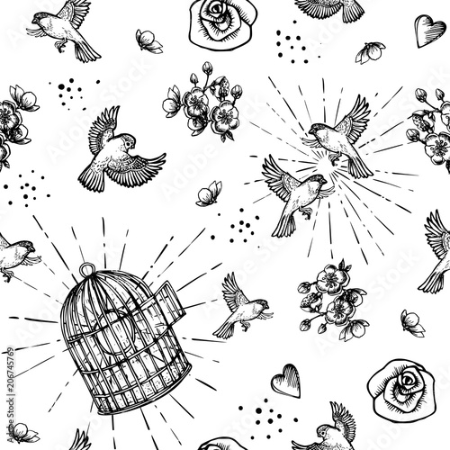 Birds with heart and flowers. Hand-drawn seamless pattern