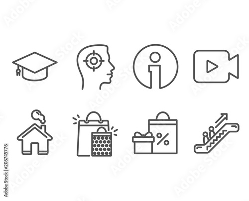 Set of Shopping bags, Graduation cap and Recruitment icons. Video camera, Shopping and Escalator signs. Sale marketing, University, Headhunter aim. Movie or cinema, Gifts and sales, Elevator. Vector