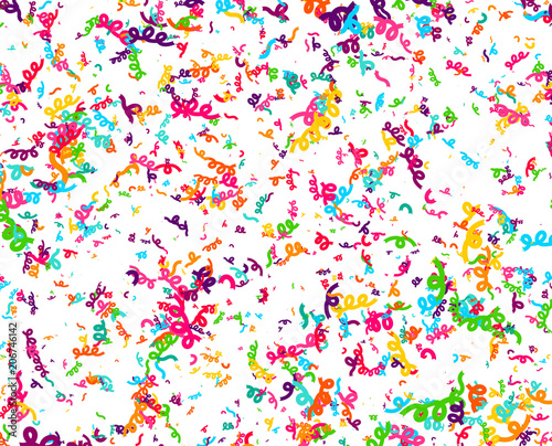 Carnaval or Festival Confetti. Colorful confetti pieces. Celebration party or Holiday background. Flying colorful glitter particles. Decoration pattern. Vector