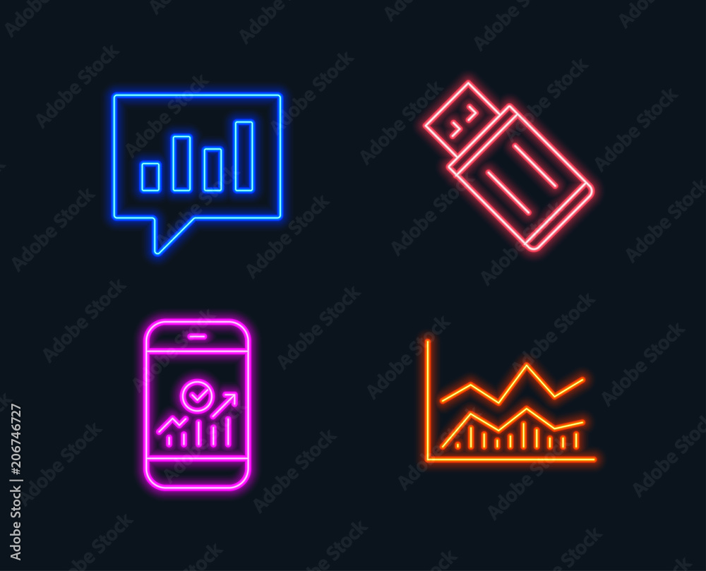 Neon lights. Set of Usb flash, Analytical chat and Smartphone statistics icons. Trade infochart sign. Memory stick, Communication speech bubble, Mobile business. Business analysis. Vector Neon lights. Set of Usb flash, Analytical chat and Smartphone statistics icons. Trade infochart sign. Memory stick, Communication speech bubble, Mobile business. Business analysis. Vector