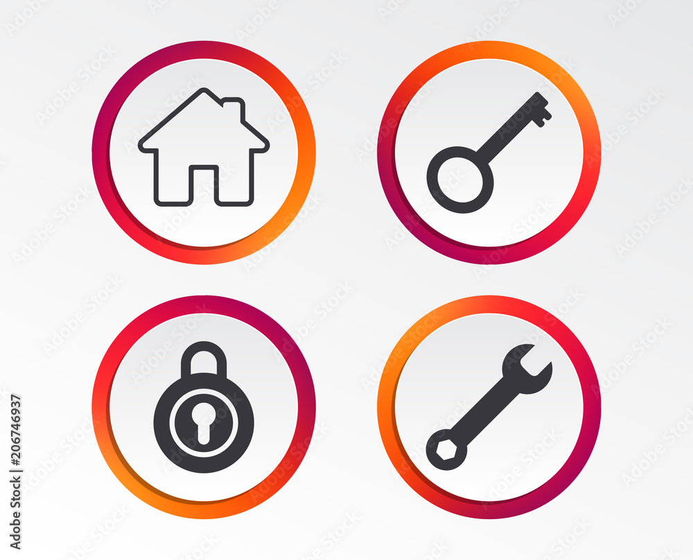Home key icon. Wrench service tool symbol. Locker sign. Main page web navigation. Infographic design buttons. Circle templates. Vector Home key icon. Wrench service tool symbol. Locker sign. Main page web navigation. Infographic design buttons. Circle templates. Vector