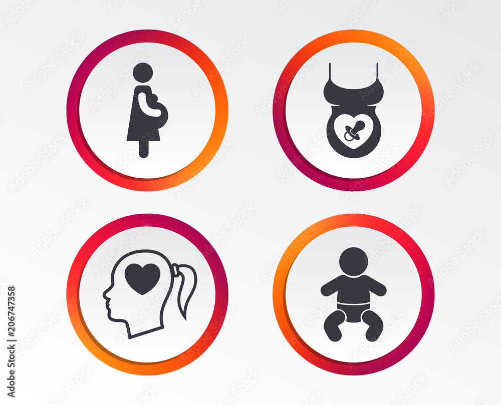 Maternity icons. Baby infant, pregnancy and dummy signs. Child pacifier symbols. Head with heart. Infographic design buttons. Circle templates. Vector Maternity icons. Baby infant, pregnancy and dummy signs. Child pacifier symbols. Head with heart. Infographic design buttons. Circle templates. Vector