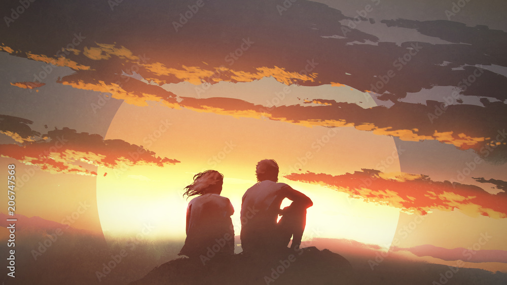 Fototapeta premium sylwetka młodej pary siedzącej na skale, patrząc na zachód słońca, cyfrowy styl sztuki, malarstwo ilustracja