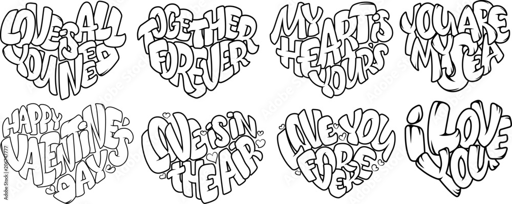 Coloring pages for Adult. Design for wedding invitations and Valentine's Day, lettering in heart. Quote about love in bubble style - obrazy, fototapety, plakaty 