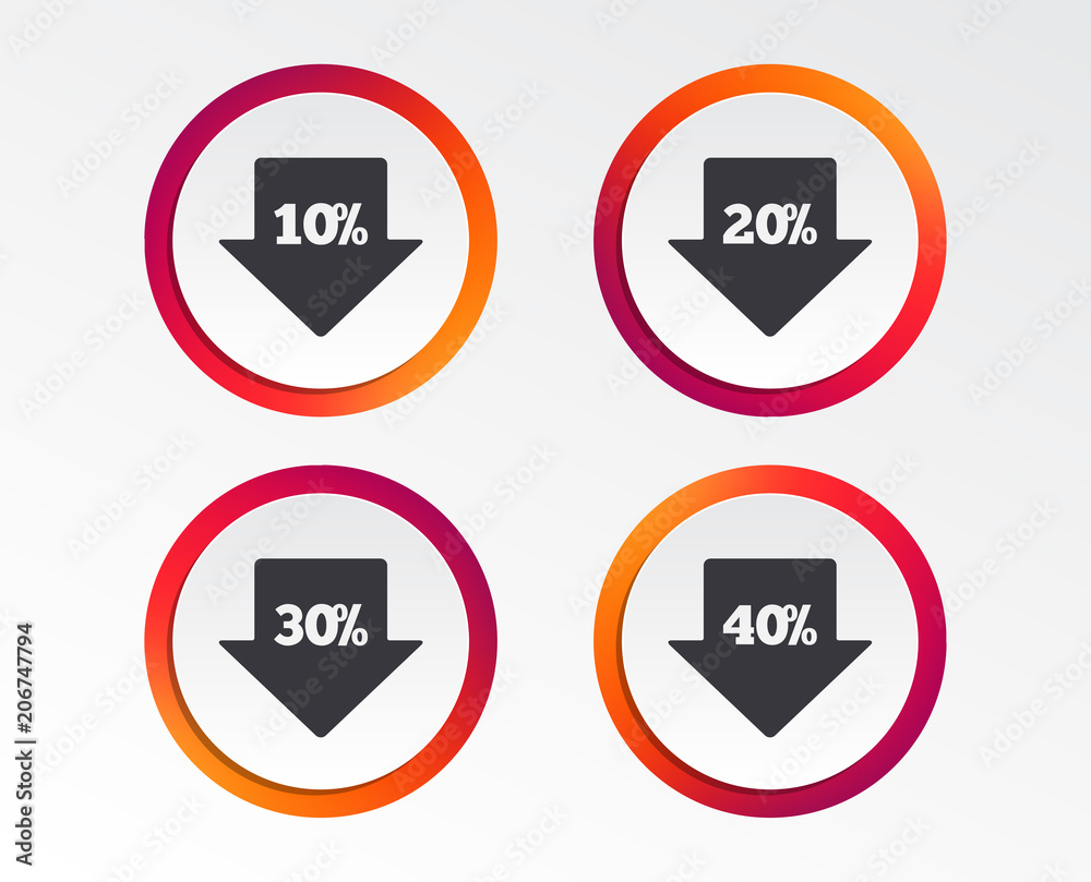 Sale arrow tag icons. Discount special offer symbols. 10%, 20%, 30% and 40% percent discount signs. Infographic design buttons. Circle templates. Vector