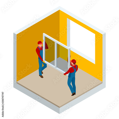 Isometric installation of windows in the house or apartment concept. Two workers in blue work clothes set a new window in the window frame. Construction building industry, new home