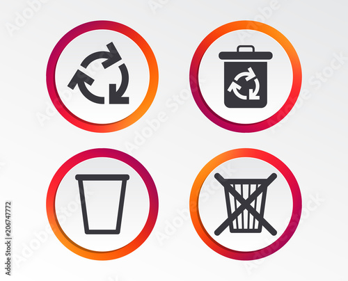 Recycle bin icons. Reuse or reduce symbols. Trash can and recycling signs. Infographic design buttons. Circle templates. Vector