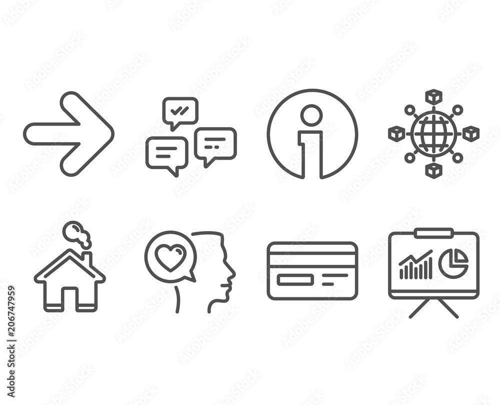 Set of Chat messages, Credit card and Logistics network icons. Romantic talk, Next and Presentation signs. Communication, Card payment, International tracking. Love chat, Forward, Board with charts Set of Chat messages, Credit card and Logistics network icons. Romantic talk, Next and Presentation signs. Communication, Card payment, International tracking. Love chat, Forward, Board with charts