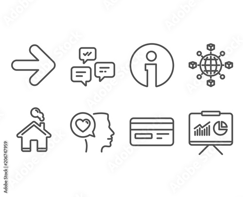 Set of Chat messages, Credit card and Logistics network icons. Romantic talk, Next and Presentation signs. Communication, Card payment, International tracking. Love chat, Forward, Board with charts