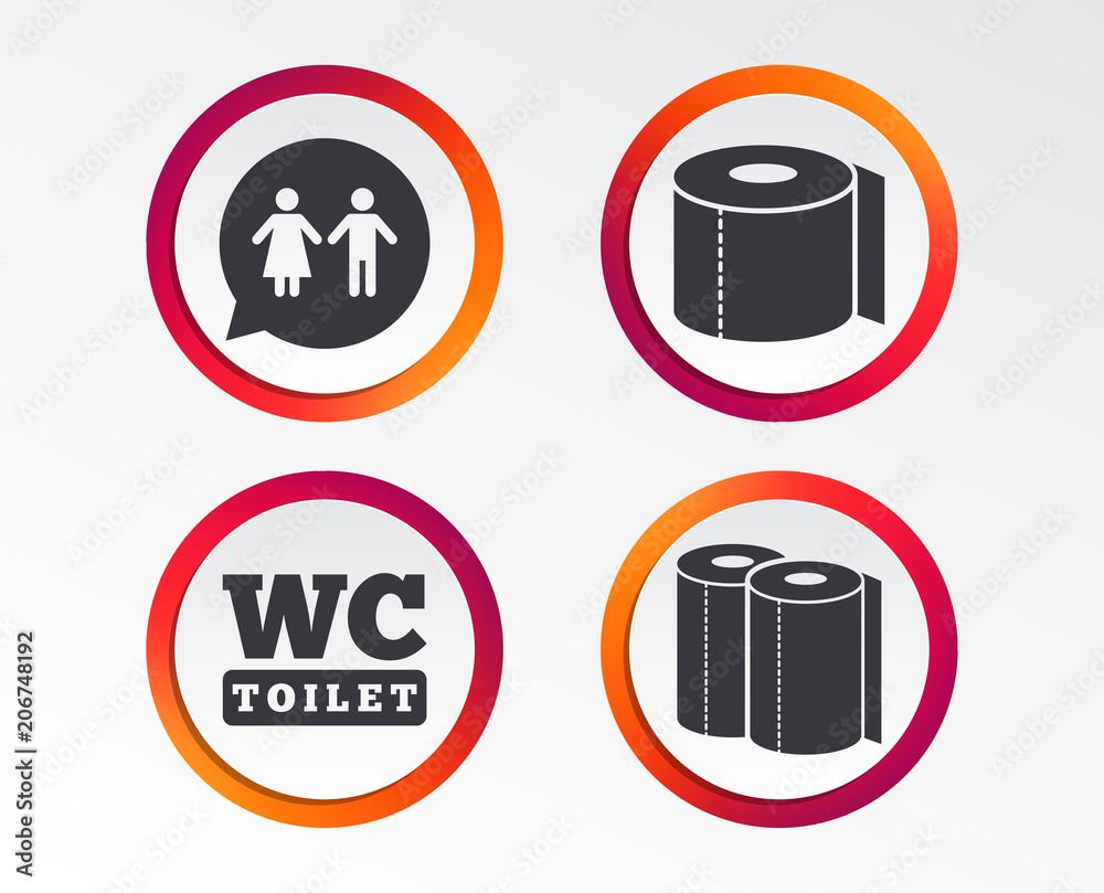 Toilet paper icons. Gents and ladies room signs. Paper towel or kitchen roll. Man and woman symbols. Infographic design buttons. Circle templates. Vector