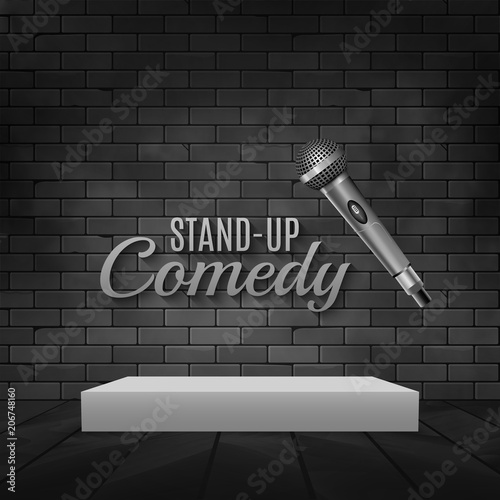 Stand up comedy event poster. Vector microphone illustration. Concert comedy show with stage
