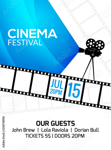 Cinema festival poster template. Vector camcorder and line videotape illustration. Movie festival art background