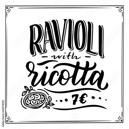 Italian food menu - names of dishe. Lettering phrases for your design, stylized drawing, hand drawn composition.
