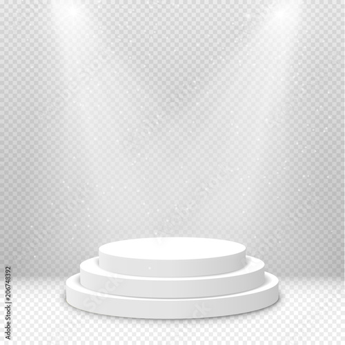 Illuminated podium background. Pedestal stage for presentation or show. Vector light scene design