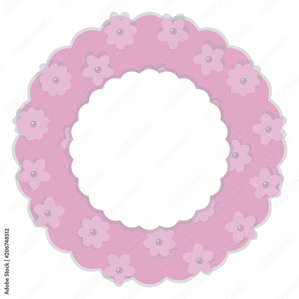 wreath baby pink paper with flowers and pearly beads cloud place for inscription vector shadow isolated on white background