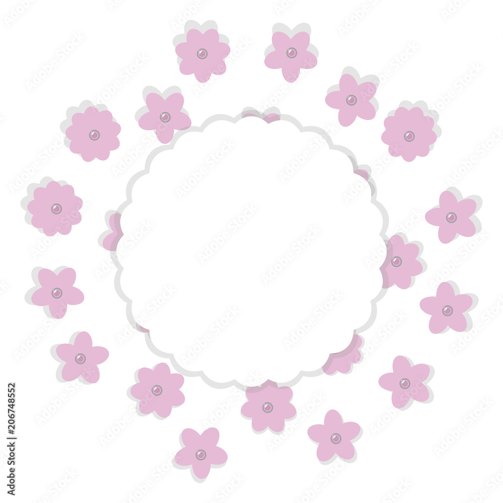 composition baby pink paper with flowers and pearly beads cloud place for inscription vector shadow isolated on white background