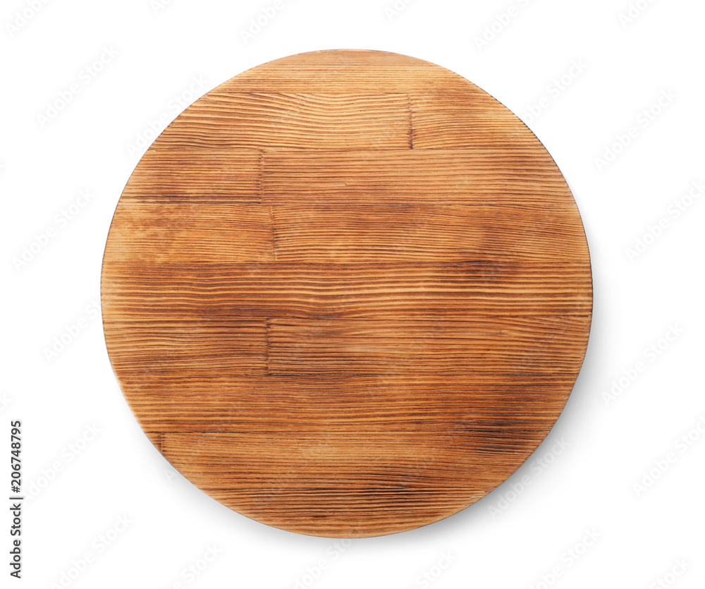 Wooden board on white background, top view. Kitchen accessory
