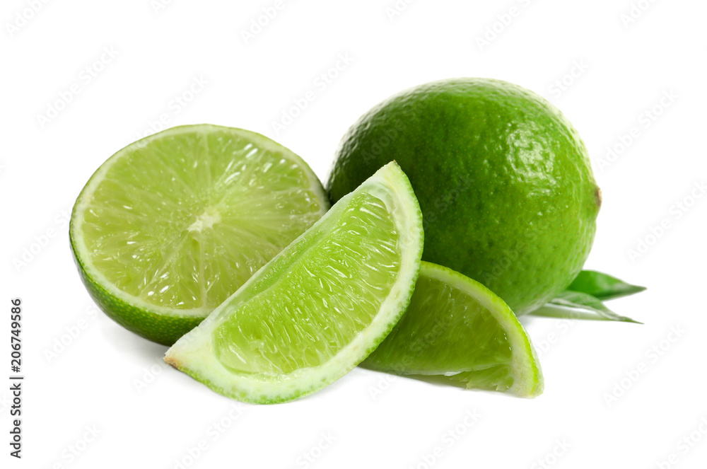 Fresh ripe green limes on white background Fresh ripe green limes on white background