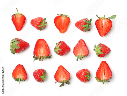 Fototapeta Naklejka Na Ścianę i Meble -  Composition with ripe red strawberries on light background