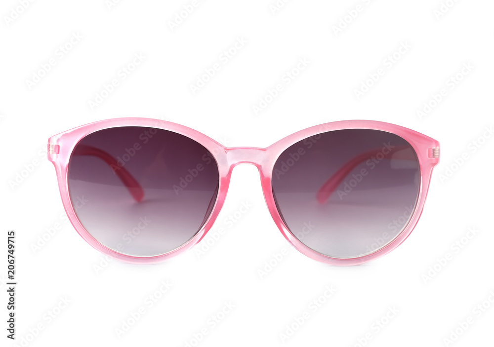 Beautiful sunglasses on white background. Beach object Beautiful sunglasses on white background. Beach object