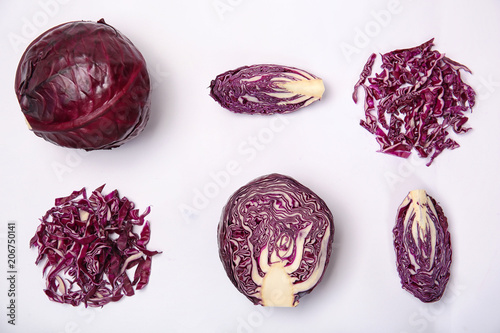 Composition with ripe red cabbage on white background