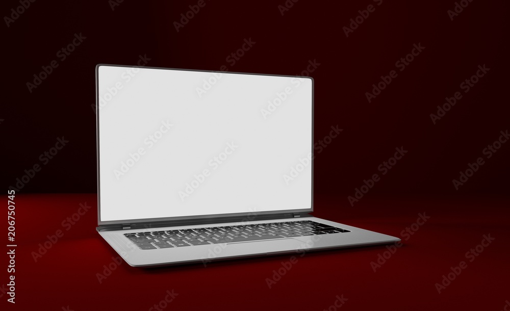 Mackup laptop on a red table. Isolated. 3D illustration.