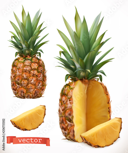 Pineapple. Fresh fruit 3d realistic vector icon