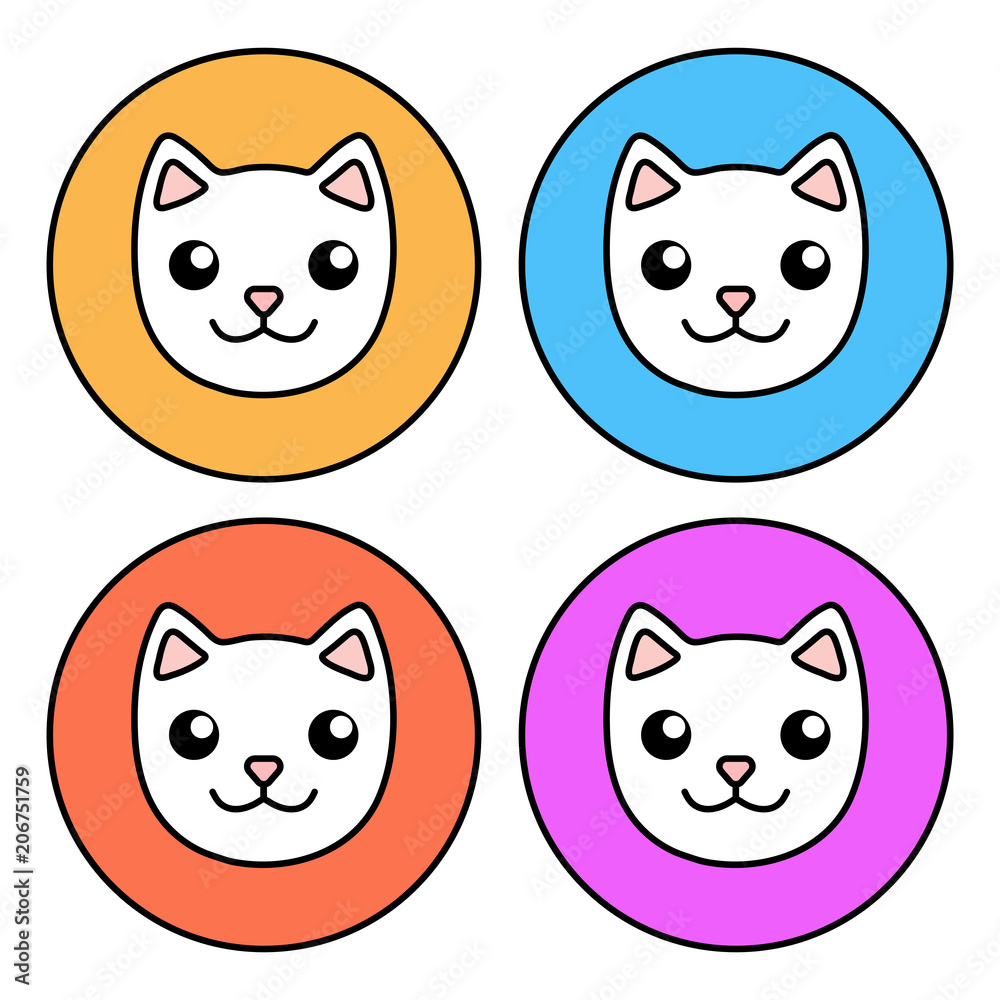 Circular, flat, white cat face icon. Four color variations. Isolated on white