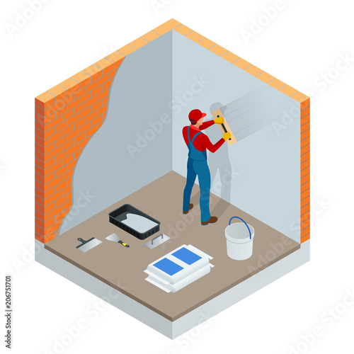Isometric plasterer renovating indoor walls and ceilings with float and plaster. Construction finishing works. Construction building industry, new home, construction interior. Vector illustration.