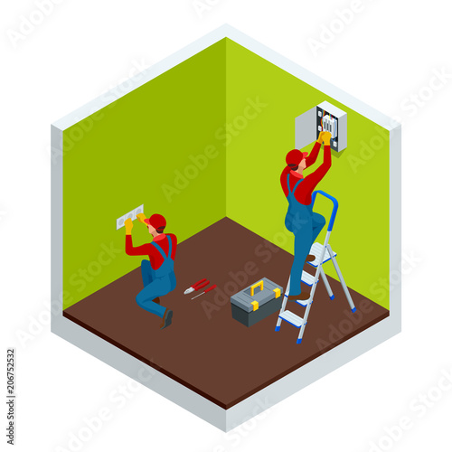 Isometric master electrician at work near the plate with a plurality of wires. Repairs in the house or apartment, wiring electricity. Construction building industry vector illustration