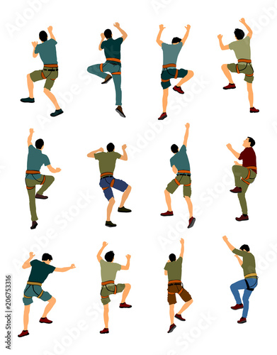 Extreme sportsman climb without rope. Man climbing vector illustration, isolated on background. Sport weekend action in adventure park. Rock wall for fun. Tough and healthy discipline. Climbers group.