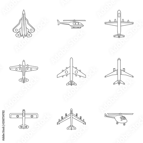Army planes icons set. Outline illustration of 9 army planes vector icons for web